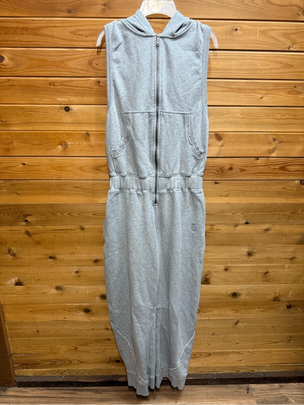 Free People Movement Sleeveless Hooded Zip-Front romper in Light Gray